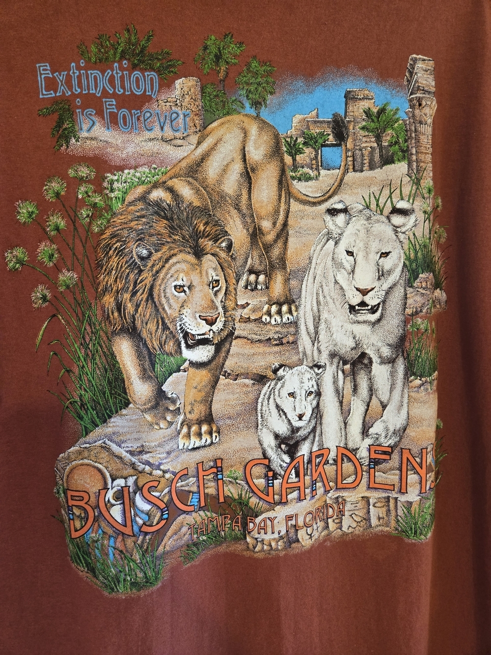 Busch Gardens Lion Graphic Tee - Rust Short Sleeve 23x29 "Extinction Is Forever" - Picture 6 of 13